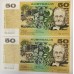 AUSTRALIA 1973 . FIFTY 50 DOLLARS BANKNOTE . PHILLIPS/WHEELER . ERROR . INK TRANSFER . CONSEC PAIR